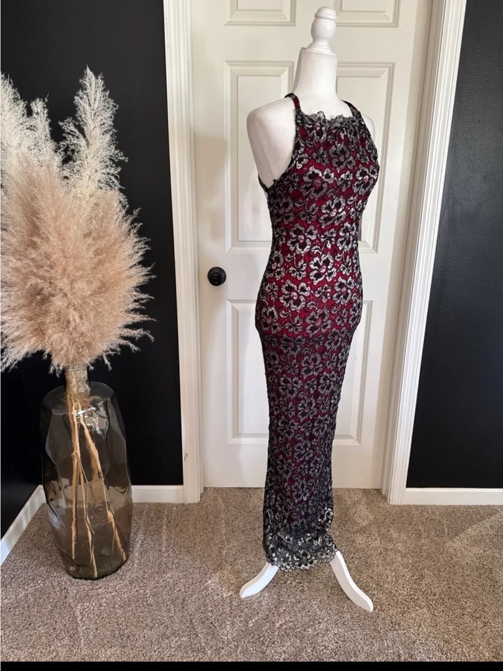 NWT Vintage Carabella RED/BLACK Silver Shimmer Floral Evening Gown size SMALL - Picture 3 of 12